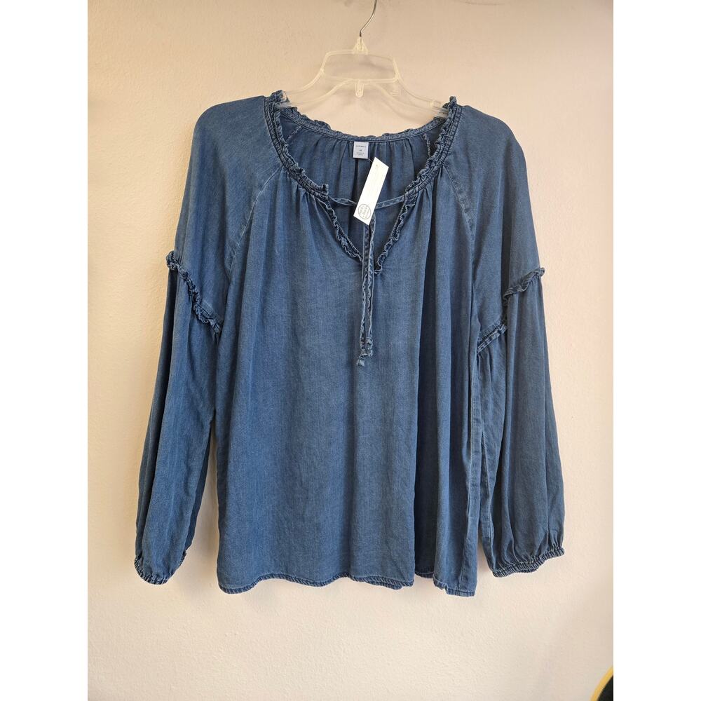 Old Navy Medium Blue Lyocell Denim Look Peasant Blouse Top Ruffle Tie-Neck